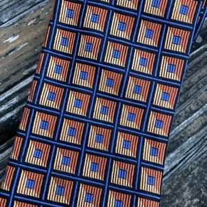 J Z Richards Orange Navy Yellow Gold Silk Tie Dress Geometric Square USA Made